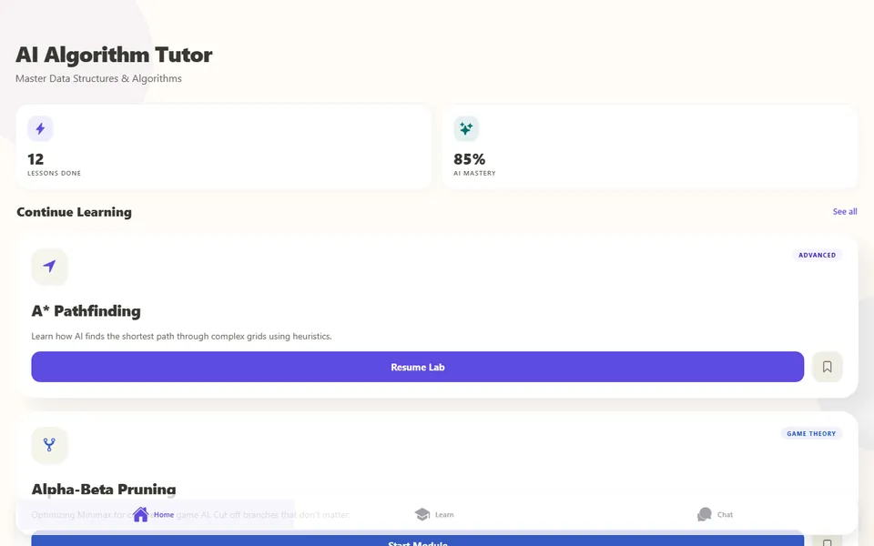 AI Algorithm Tutor home screen with A* and alpha-beta modules