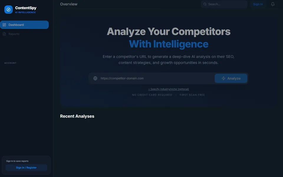 ContentSpy AI dashboard with a competitor URL input