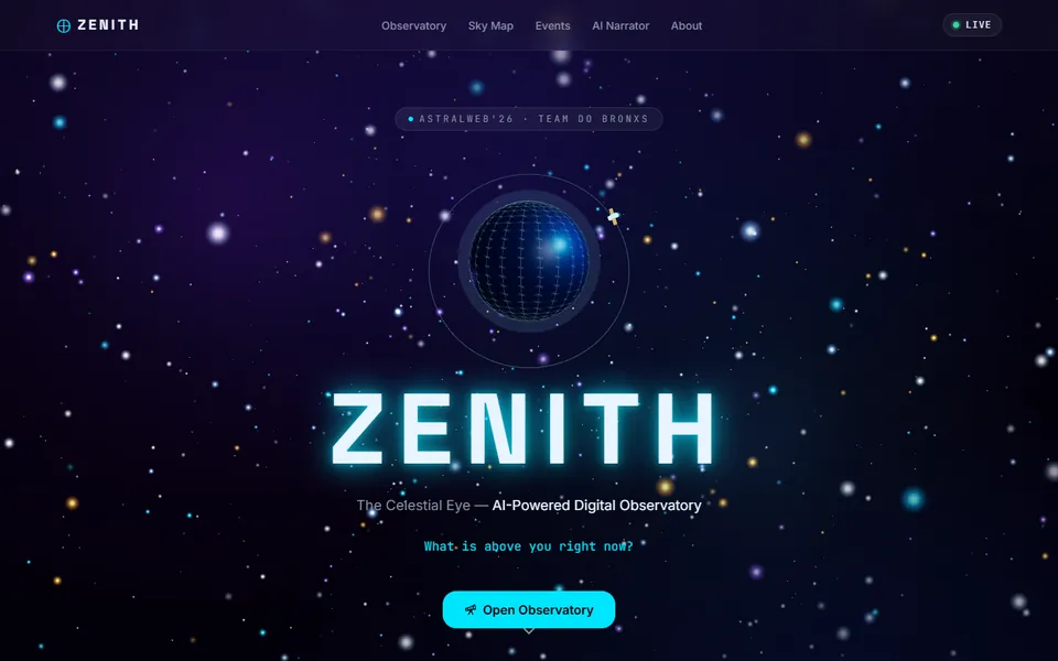 Project Zenith landing page with a 3D globe and star field
